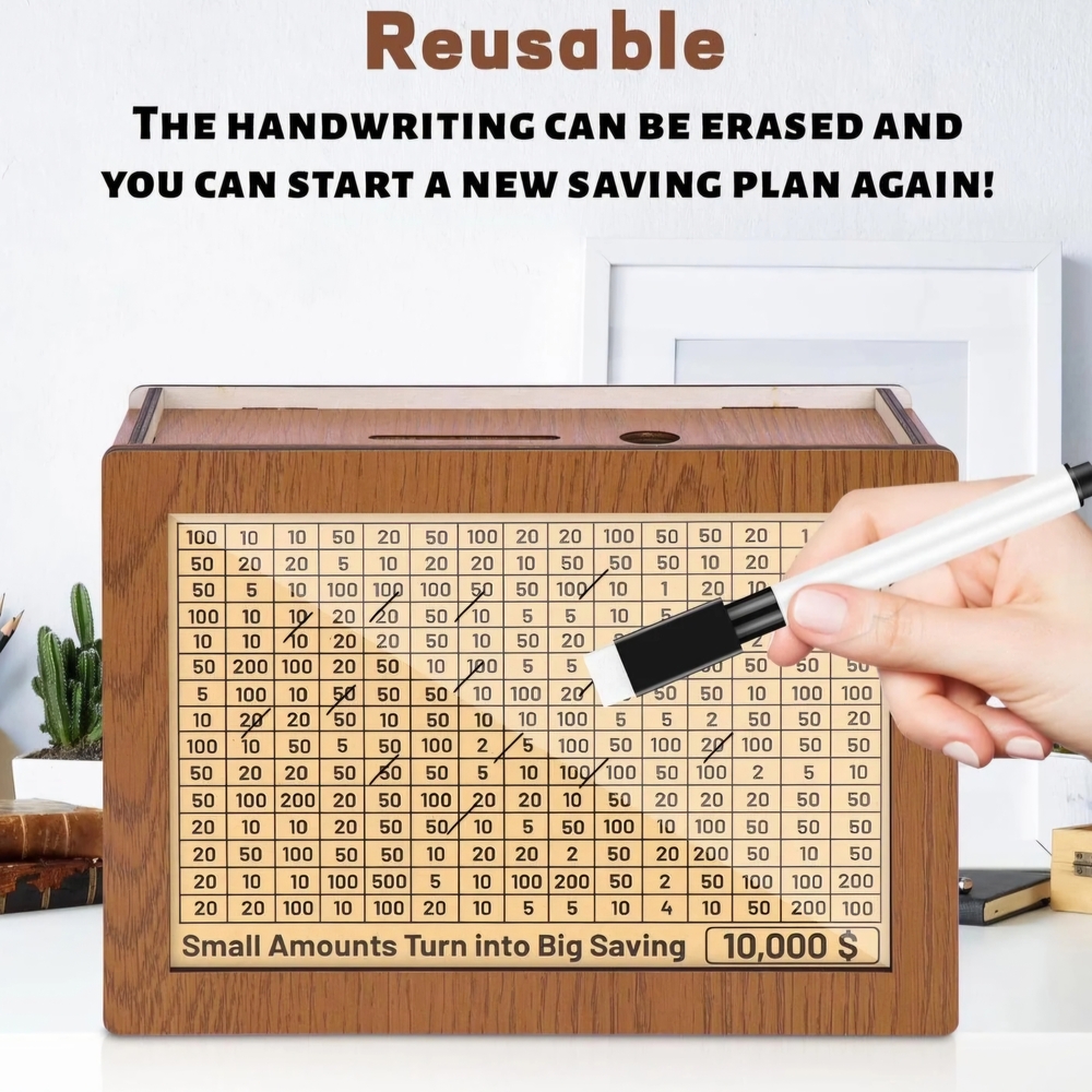 Vongem $10,000 Savings Challenge Wooden Money Box | New